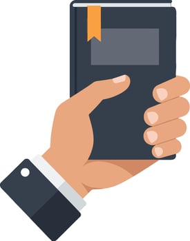 Hand holding a black notebook with a bookmark in a minimal flat illustration vector