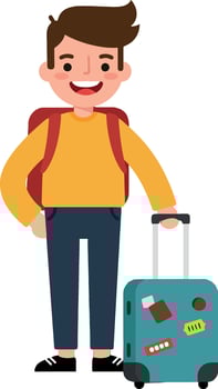 Happy young traveler with a turquoise suitcase and a backpack in a flat illustration vector
