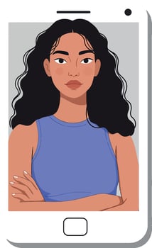 Young woman with curly hair in a blue top, confident pose, flat illustration vector