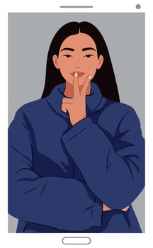 Woman in a blue jacket with finger on lips in flat illustration vector