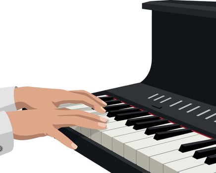 A skilled musician playing a grand piano in a flat style illustration showcasing fingers gracefully pressing the keys vector