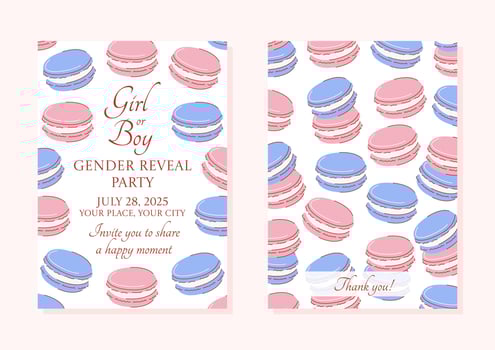 Girl or boy invitation, gender reveal party. Blue and pink macarons background, front and back side pattern. Hand drawn flat illustration, set of a4 vertical posters for happy moment vector