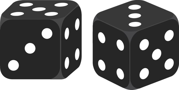 Two black dice displaying random numbers in a minimal style, showcasing perspective and shading, perfect for gaming and design needs, art vector