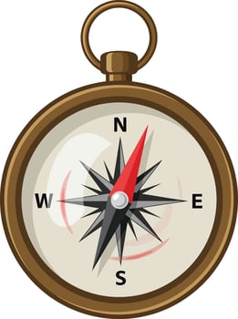 Detailed compass illustration showcasing a classic design style with cardinal directions prominently displayed in vibrant colors, art vector