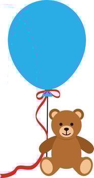 Cute brown teddy bear holding a bright blue balloon with a red ribbon in a playful flat illustration vector