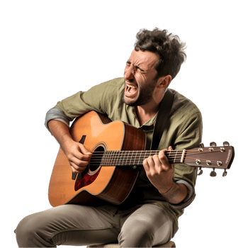Energetic musician playing acoustic guitar urban street live performance vibrant atmosphere upbeat angle creative expression png