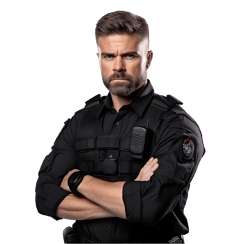 Security guard monitoring area urban environment portrait photography serious atmosphere front view professionalism png