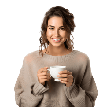 Woman enjoying a cup of tea cozy indoor setting lifestyle image gentle lighting joyful mood png