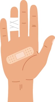 A hand with visible injuries showing a bandage and a gauze wrap in a flat illustration style, conveying a sense of care and healing through simplicity vector
