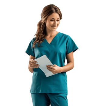Nurse in scrubs reviewing patient chart hospital room healthcare image clinical environment professional viewpoint patient care concept png