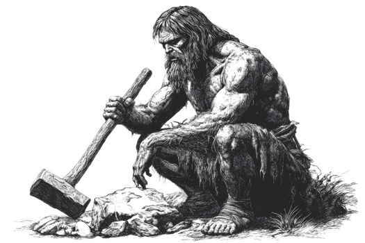 Caveman chiseling stone tools during prehistoric era png