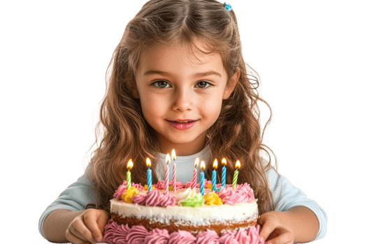 Girl celebrating birthday with cake and candles png