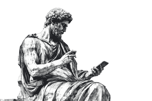 Ancient philosopher using modern smartphone technology png
