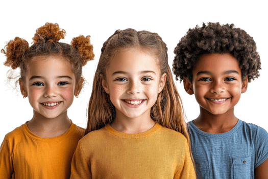Smiling children with diverse hairstyles and outfits png