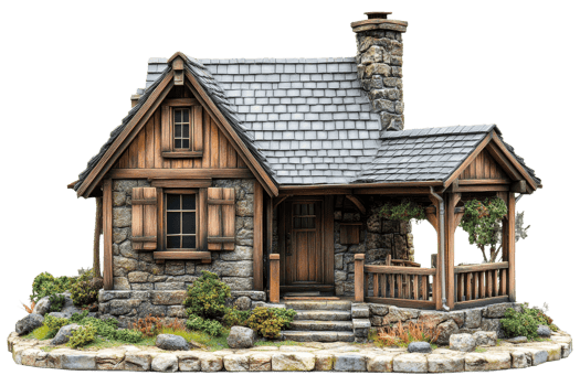 Charming rustic cottage with stone and wood design png