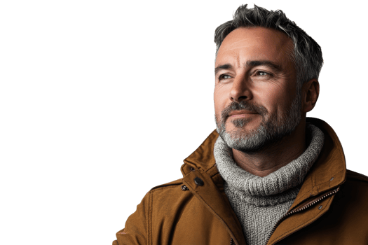 Handsome man in brown jacket with confident expression png