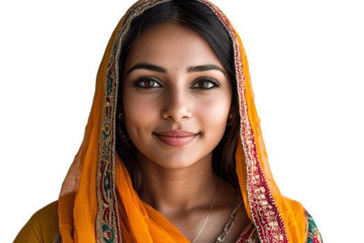 Young woman in vibrant orange shawl with a serene expression png