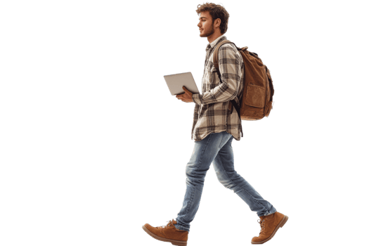 Young man walking with backpack and tablet in hand png