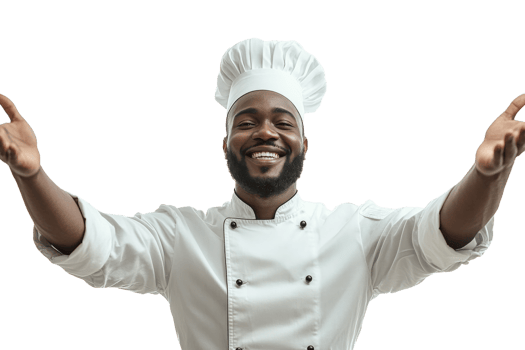 Chef welcoming guests with a warm smile and open arms png