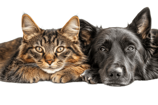 Adorable cat and dog resting together in a cozy setting png