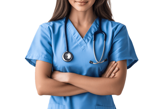 Confident nurse in scrubs, stethoscope ready png