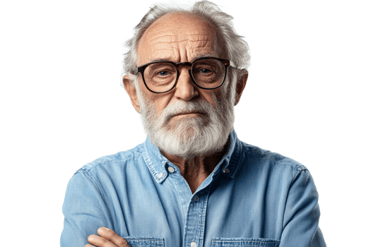 Elderly man with glasses and gray beard standing confidently png