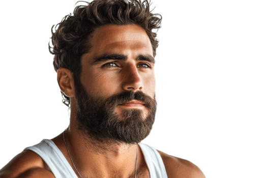 Bearded man with wavy hair on transparent bg png