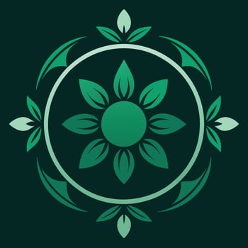 A green flower and leaves in a circle on a dark background vector
