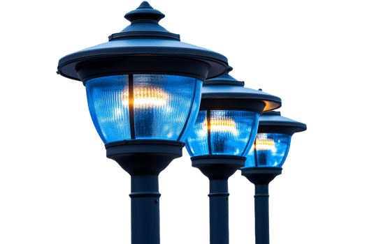 Elegant street lamps with blue lighting at dusk png