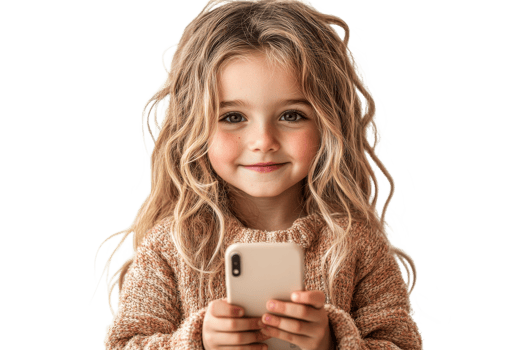 Sweet girl holding smartphone on transparent background png