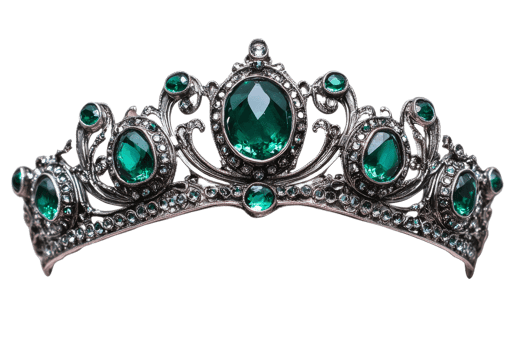 Silver tiara with emeralds and intricate design png