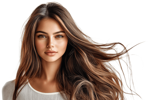 Young woman with flowing hair and serene expression png