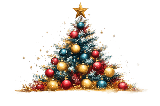 Christmas tree with ornaments and star on top png