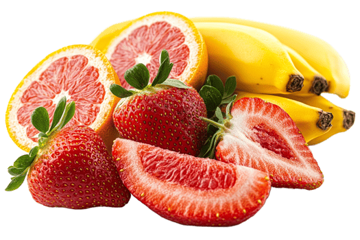 Fresh assortment of strawberries, bananas, and citrus fruits png