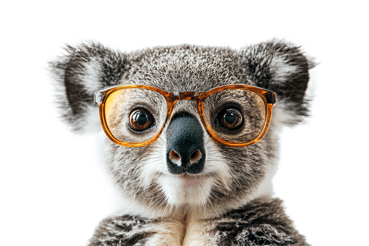 Cute koala wearing glasses on a transparent background png