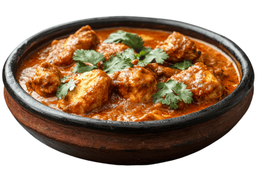 Spicy chicken curry with fresh herbs in clay bowl png