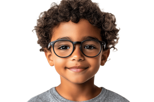 Young boy with curly hair wearing glasses and smiling png