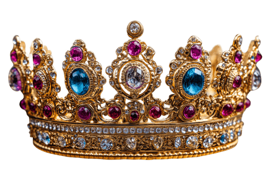 Elegant golden crown adorned with colorful gemstones png