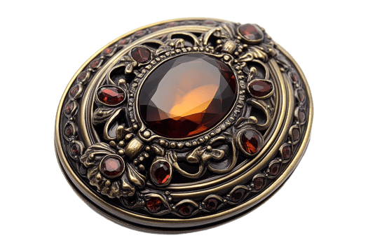 Antique brooch with intricate designs and gemstones png
