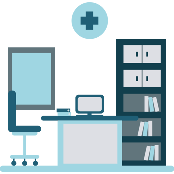 Doctor room with desk and shelves icon png