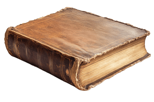 Old leather bound book with worn edges and gold detailing png