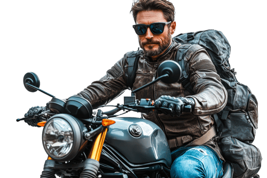 Stylish man riding motorcycle with backpack on urban road png