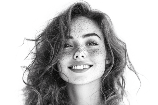 Woman with curly hair and freckles smiles warmly png
