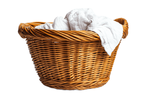 Woven basket with clean towels on a transparent background png