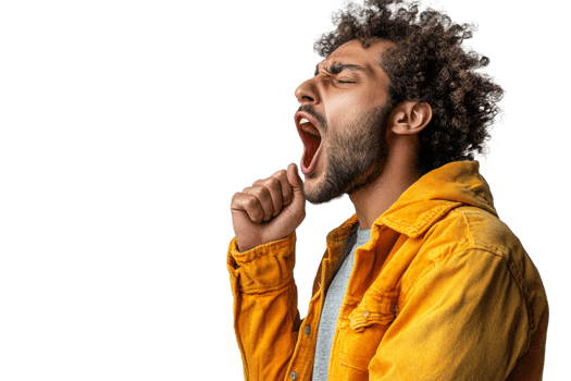 Young man yawning in yellow jacket, clear bg png