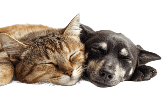 Cat and dog sleeping together on a transparent background png