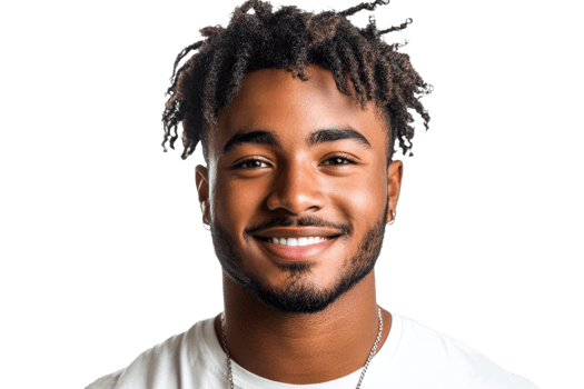 Smiling young man with textured hair and a white shirt png