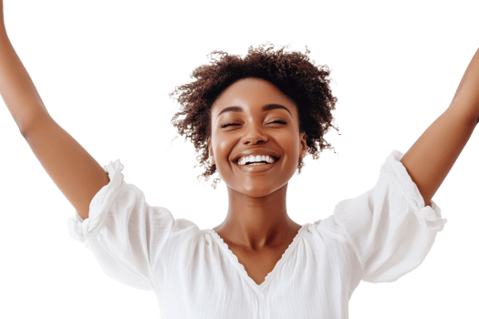 Woman smiling with arms raised in joyful expression png