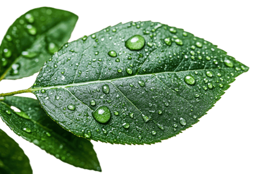 Green leaf with water droplets on clear background png