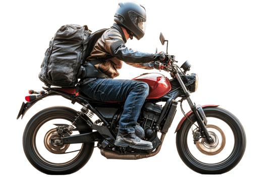 Motorcyclist riding through the city with gear on back png